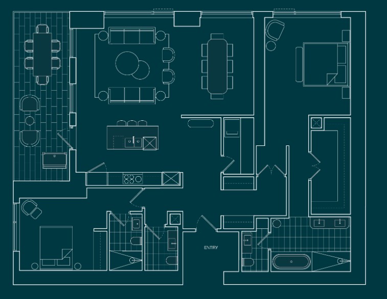 8 Rosehill Suite 1001 floor plan – 2 bedroom 2.5 bathroom southwest corner residence, 2128 sq ft